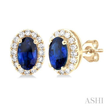 5x3 MM Oval Shape Sapphire and 1/8 Ctw Single Cut Diamond Halo Precious Stud Earrings in 14K Yellow Gold
